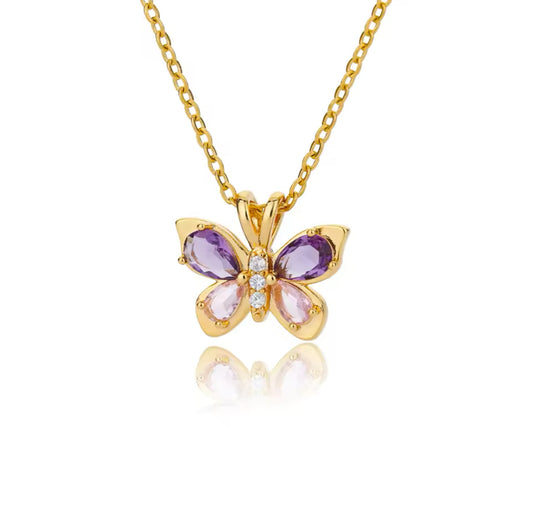 FLUTTER Pink Purple Crystal Butterfly Necklace Gold