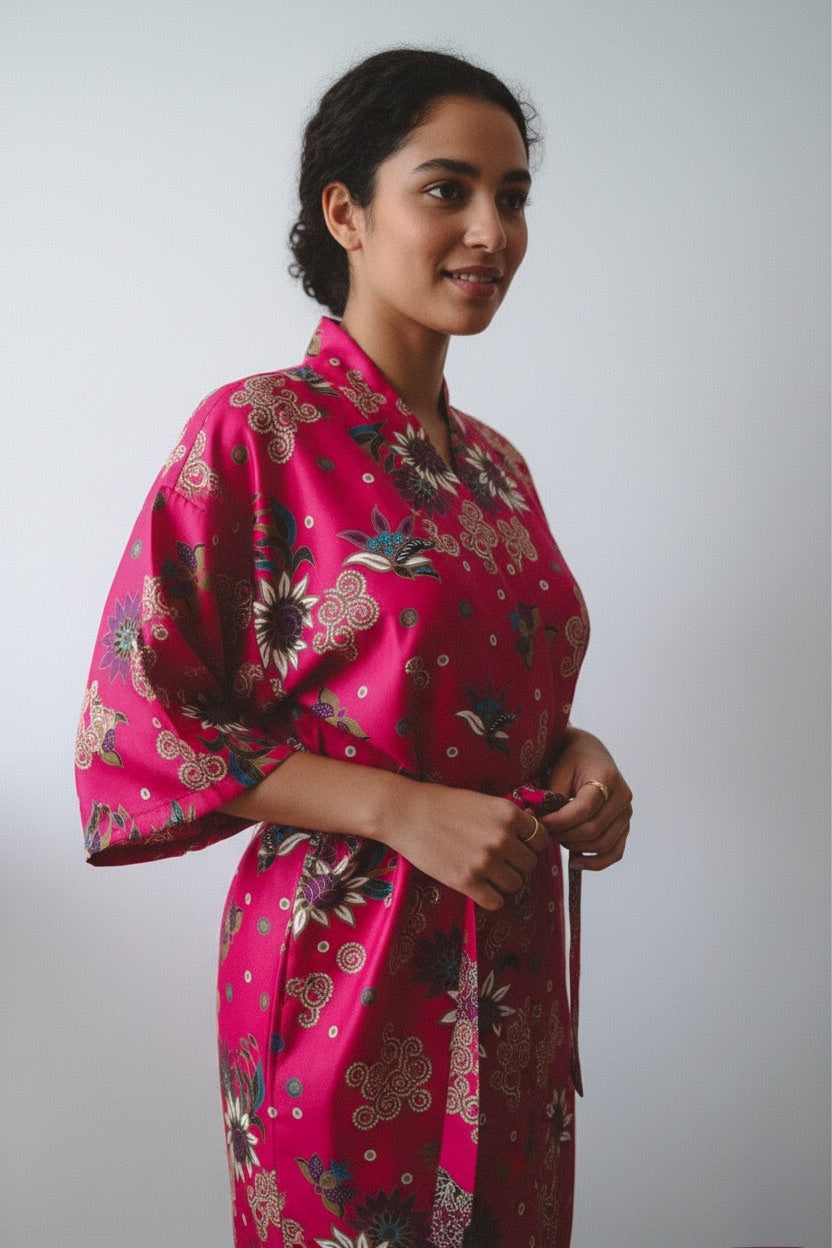 PLUMERIA Pink Floral Silk Kimono Robe