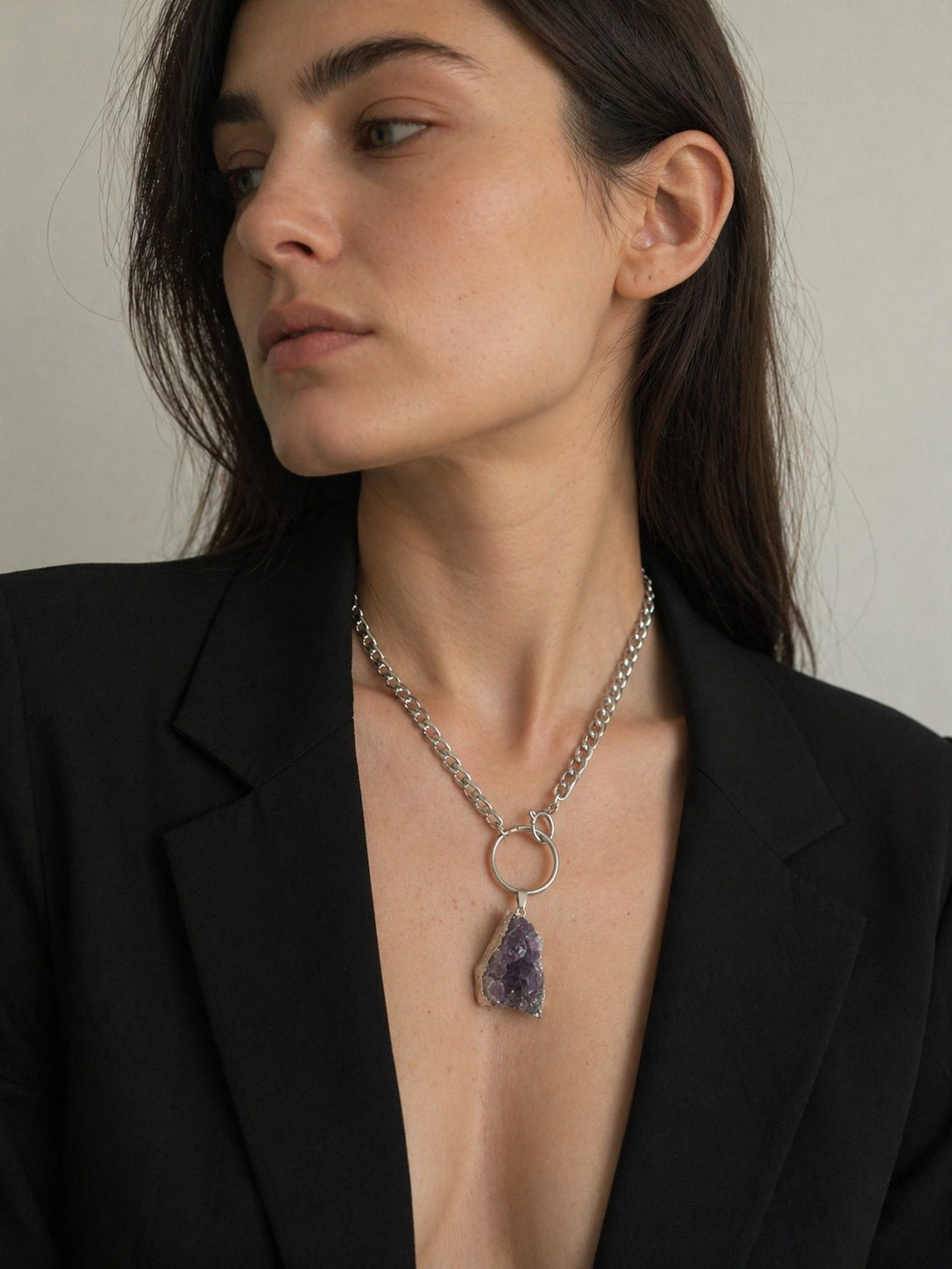 ECHELON Raw Amethyst O Ring Choker Necklace Silver