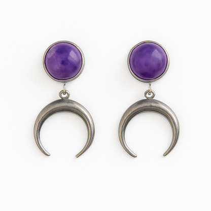 ANUK Amethyst Stud Crescent Moon Earrings Silver