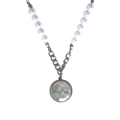LUNAR DRIFT Rainbow Moonstone Cuban Chain & Pearl Necklace