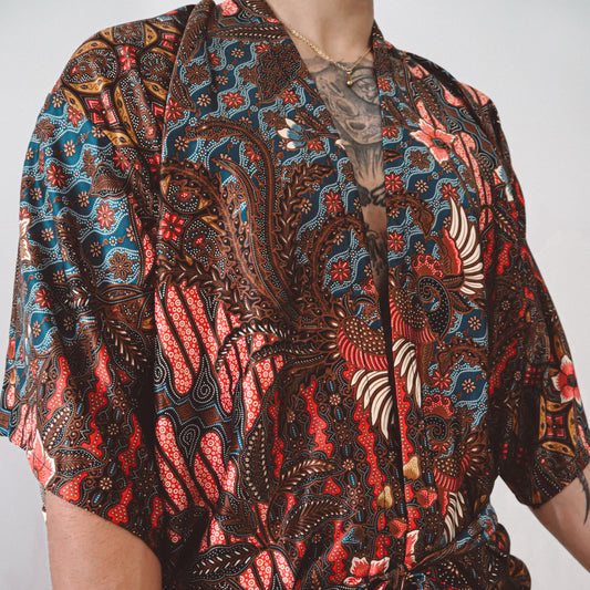 Red & Blue Floral Silk Kimono and Shorts Set for Men