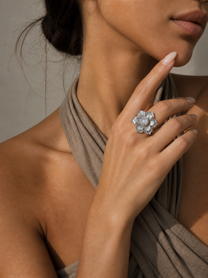 RISE Rainbow Moonstone Lotus Flower Ring Silver