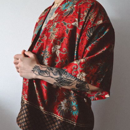 Red Floral Silk Kimono Shorts Set Mens - Camellia