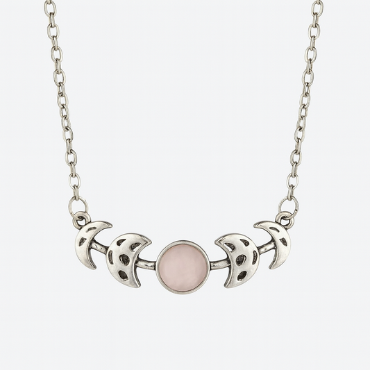 MOON PHASES Rose Quartz Necklace Silver