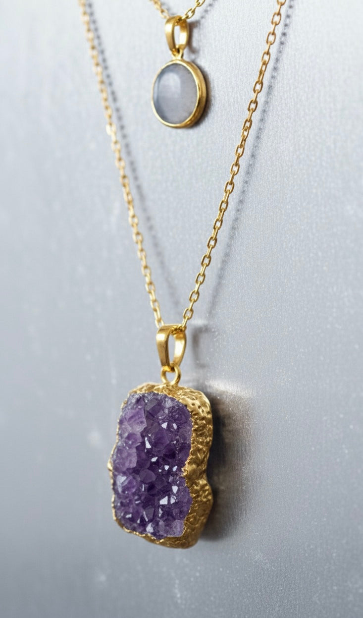 Collier pendentif AMARA en améthyste brute et or