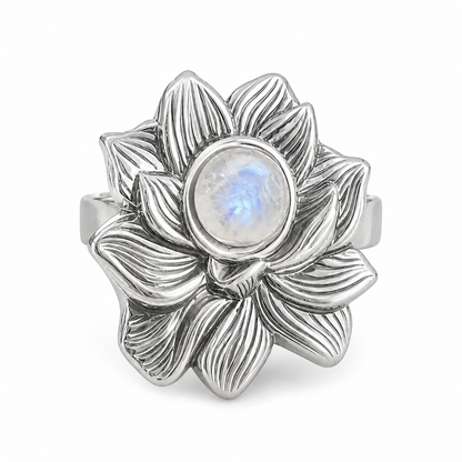LOTUS Rainbow Moonstone Lotus Flower Ring Silver