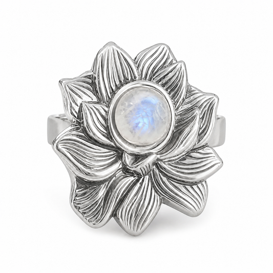 LOTUS Rainbow Moonstone Lotus Flower Ring Silver