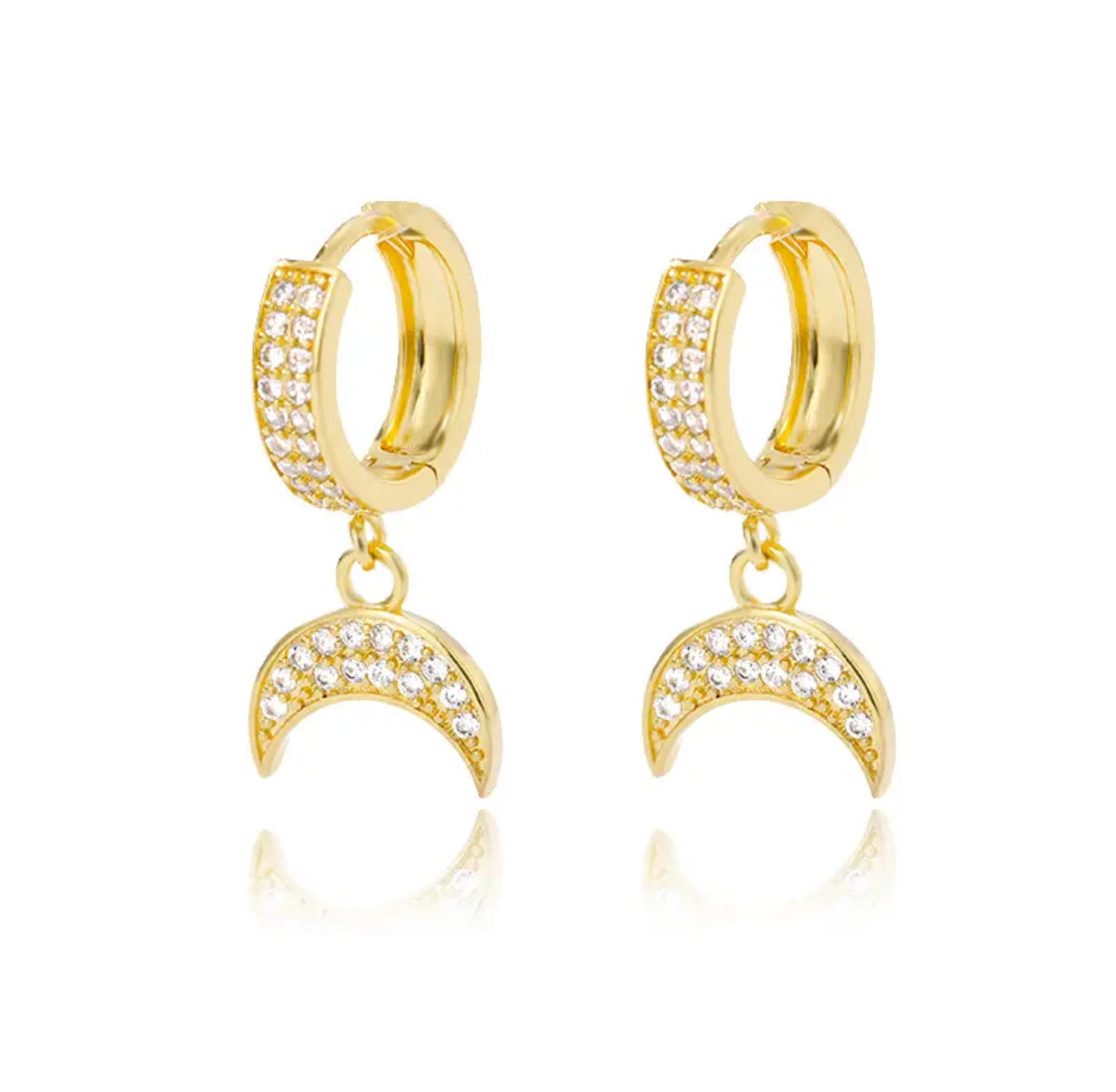 NIGHT Moon Charm Zircon Hoop Earrings Gold