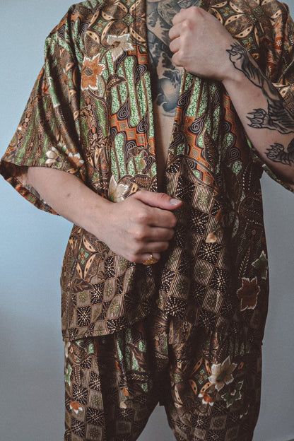 Brown Gold Silk Kimono and Shorts Set Mens - Earth Nomad