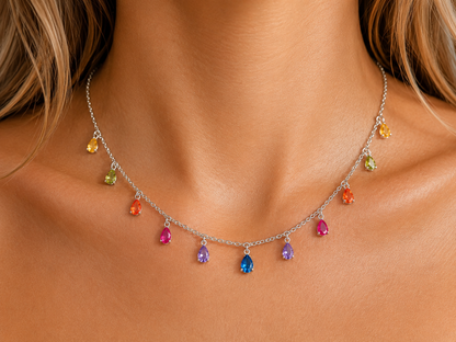 NIA Regenbogen-Tropfen-Zirkon-Charm-Halskette aus 925er Silber