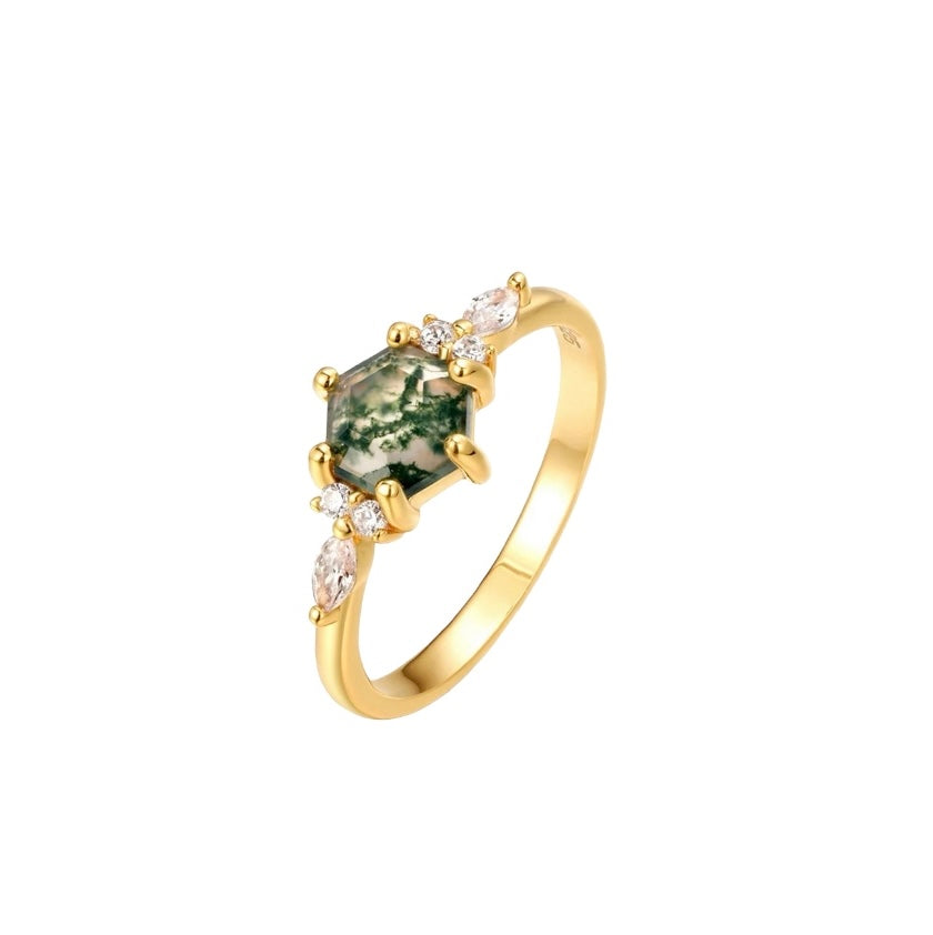 FOREVER Moss Agate Ring Gold 925 Silver