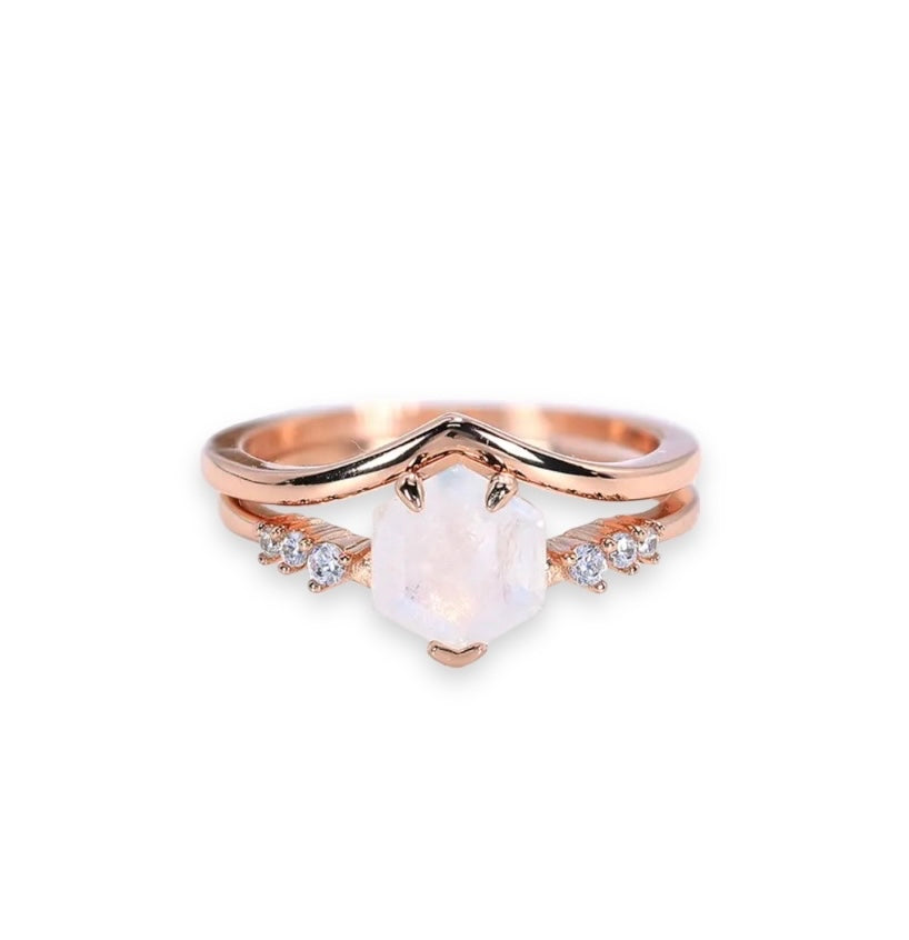 ARANYA Moonstone Ring Set - Rose Gold