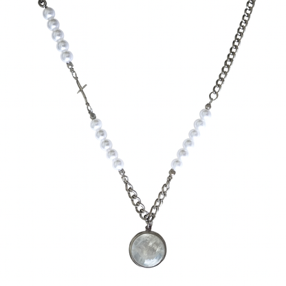 LUNAR DRIFT Rainbow Moonstone Cuban Chain & Pearl Necklace