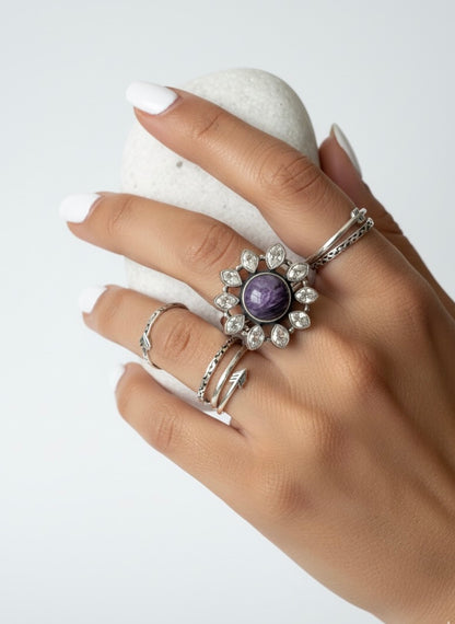 Bague Fleur en Argent avec Charoïte et Diamant Herkimer CELESTIAL BLOOM