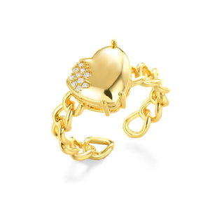 CUBAN Zircon Heart Chain Ring - Gold