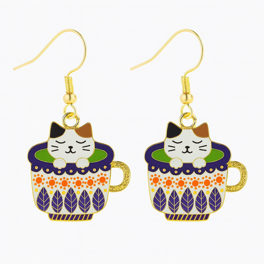 WHISKER Tricolour Cat Teacup Earrings Gold