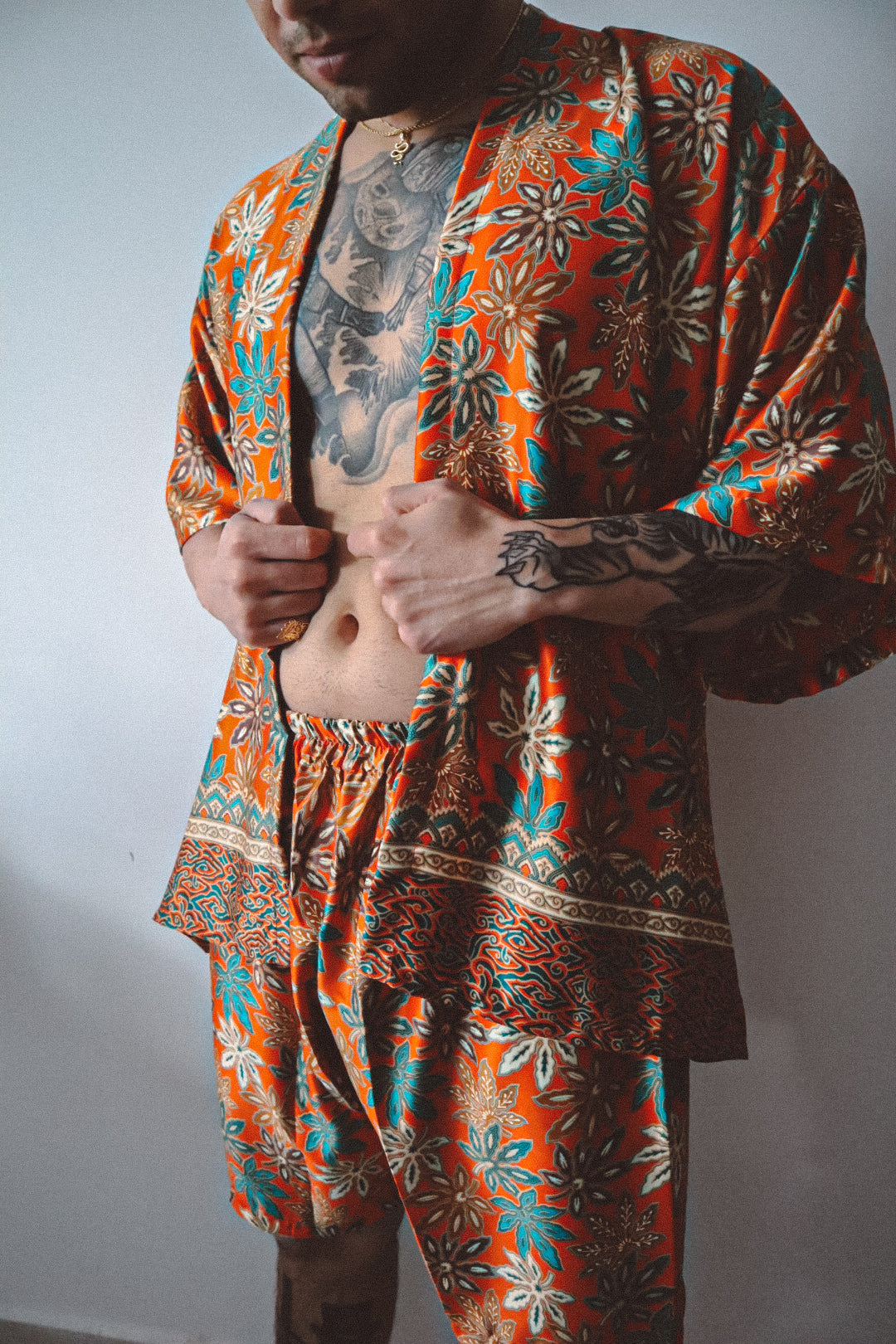 Burnt Orange Floral Silk Kimono Shorts Set Mens