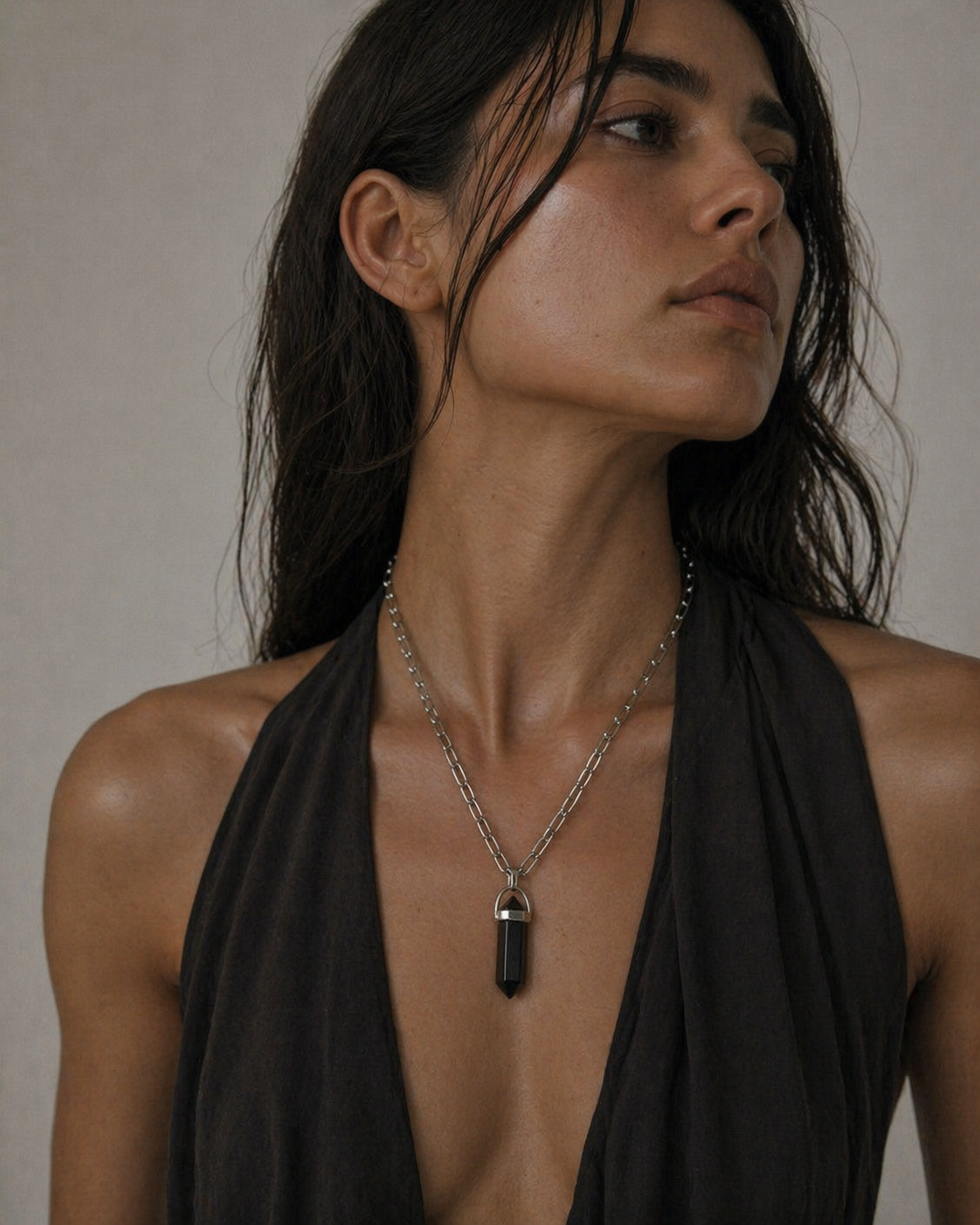 ECLIPSE Black Obsidian Point Paperclip Chain Necklace Silver