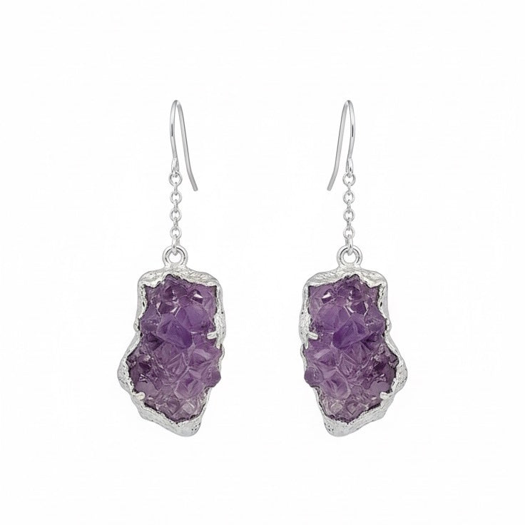 AMARA Raw Amethyst Cluster Chain Charm Earrings Silver