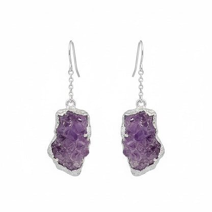 AMARA Raw Amethyst Cluster Chain Charm Earrings Silver