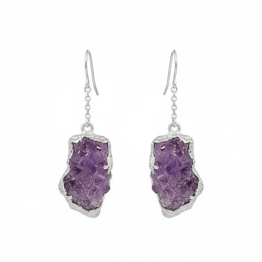 AMARA Raw Amethyst Cluster Chain Charm Earrings Silver
