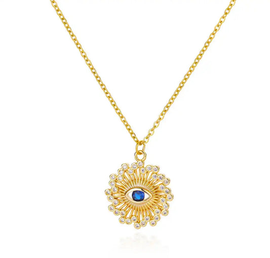 Turkish Eye Blue Zircon Pendant Necklace - Gold