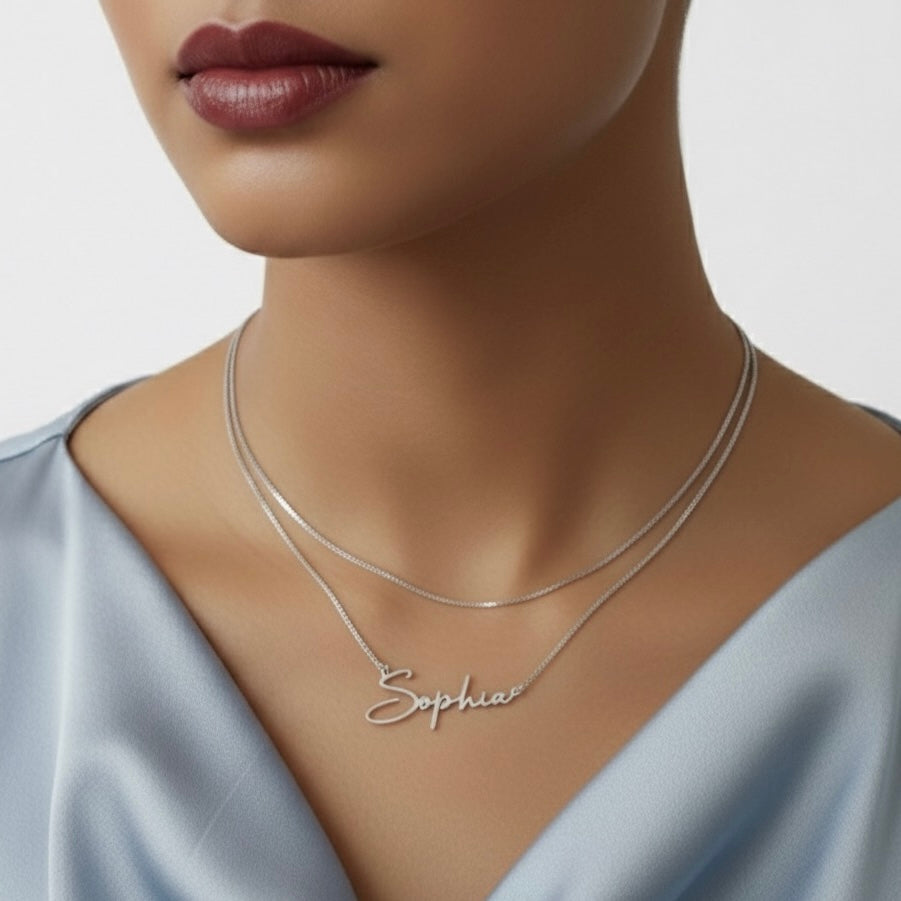 Personalized Name Modern Script Font Box Chain Necklace Silver