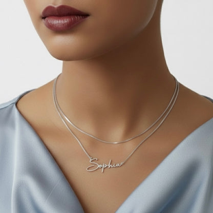 Personalized Name Modern Script Font Box Chain Necklace Silver
