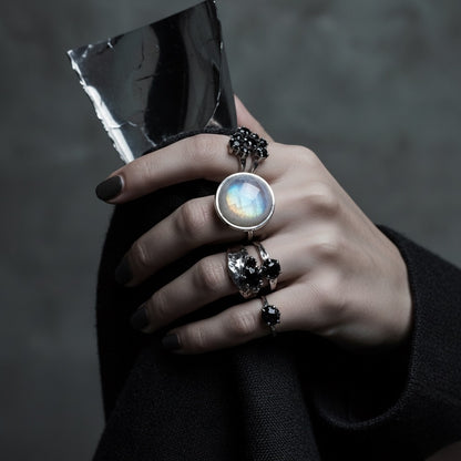AYA Rainbow Moonstone Statement Ring Silver