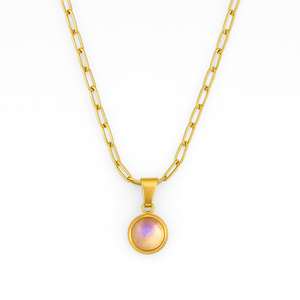 NOELLE Rainbow Moonstone Dainty Paperclip Necklace Gold