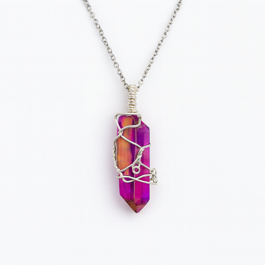 Iris Wire Wrapped Purple Aura Quartz Necklace Silver