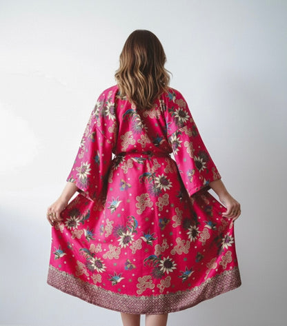 PLUMERIA Pink Floral Silk Kimono Robe