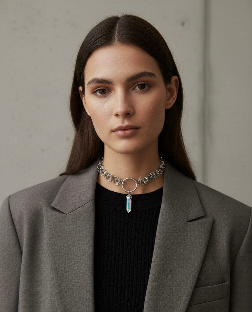 CODE OF AURA Rainbow Aura Quartz Chainmail O Ring Choker Necklace