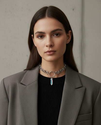 CODE OF AURA Rainbow Aura Quartz Chainmail O Ring Choker Necklace