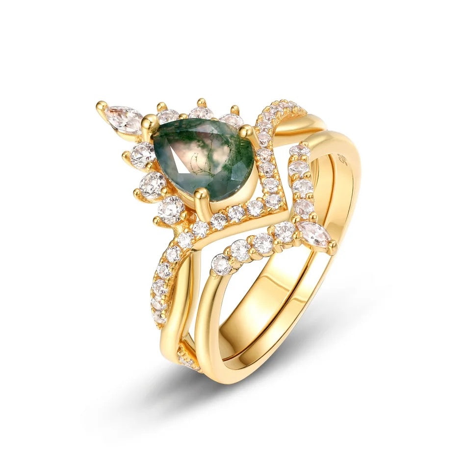 SHAILI Moss Agate Ring Set - Gold