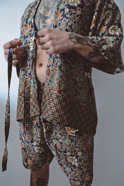 Navy Blue Gold Silk Kimono and Shorts Set Mens - Tulum