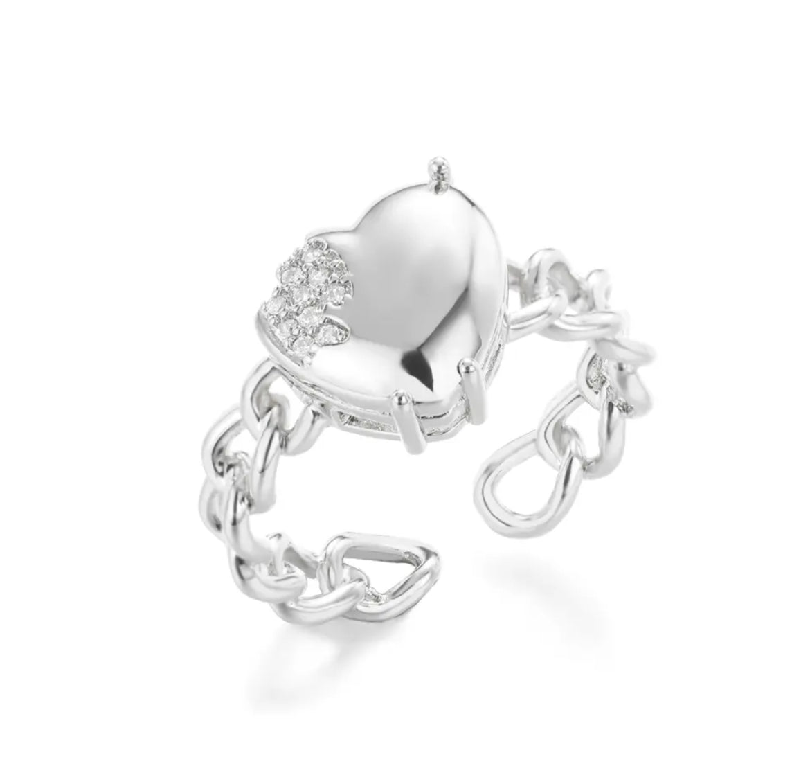 CUBAN Zircon Heart Chain Ring - Silver