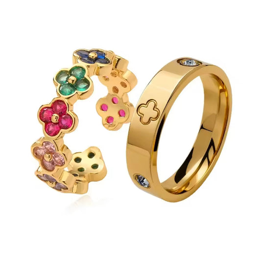 FLEUR DU SOLEIL Cubic Zirconia Flower Rings 2pc Set Gold