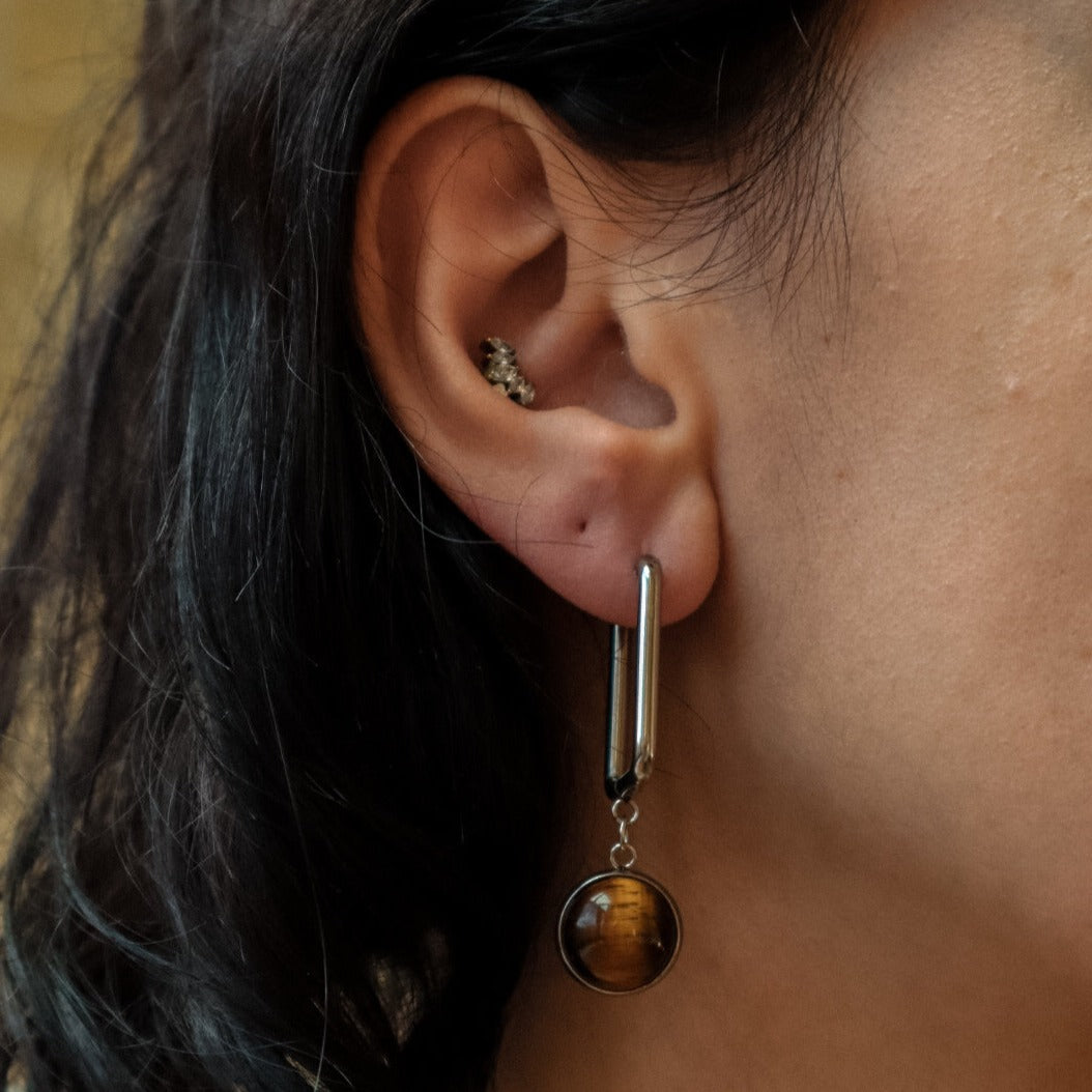 CARRE Tiger's Eye Rectangle Hoop Earrings Silver