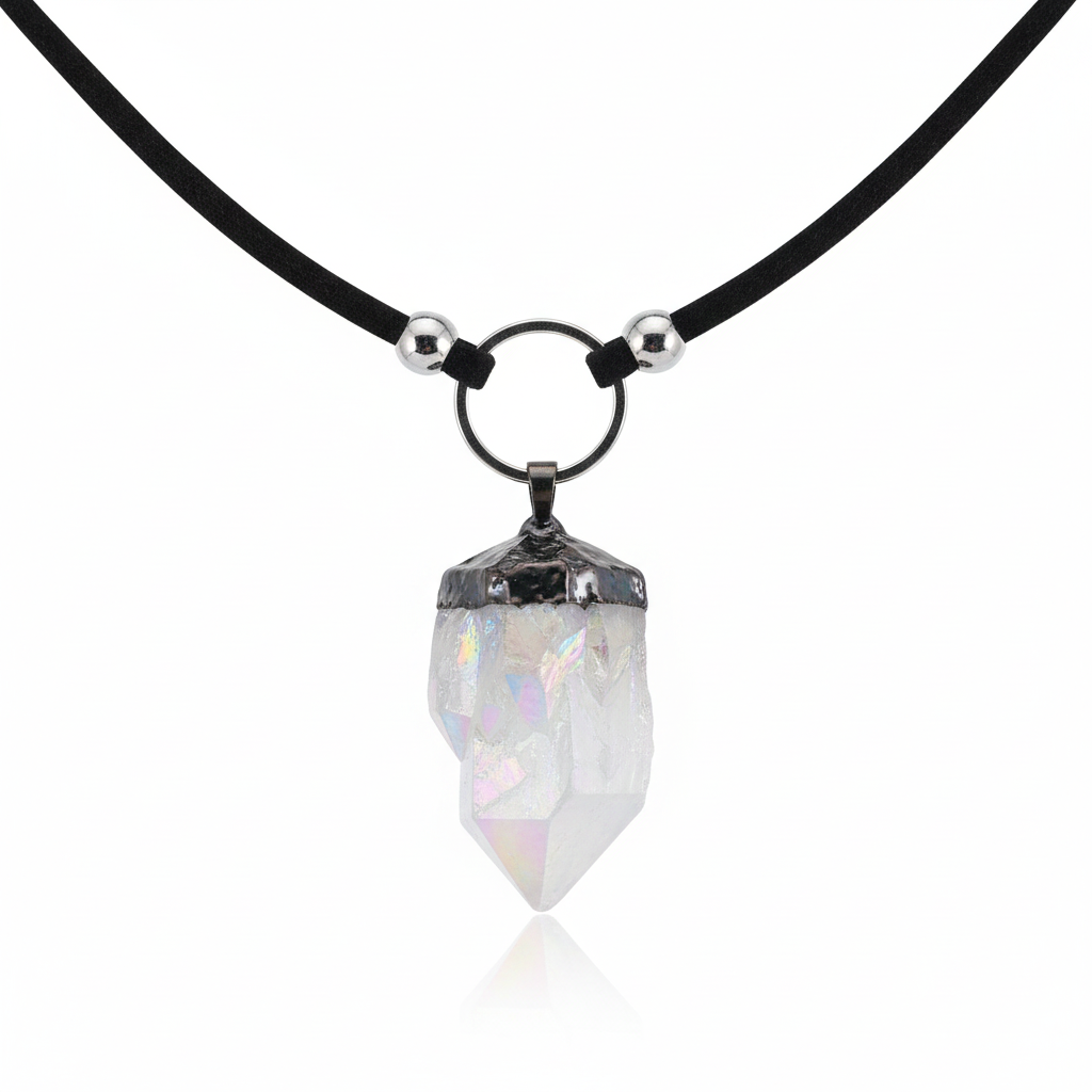 ANGEL Rainbow Angel Aura Quartz Silver O Ring Choker