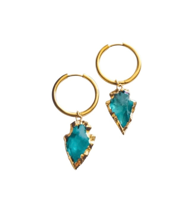 Aqua Aura Quartz Arrowhead Earrings Gold