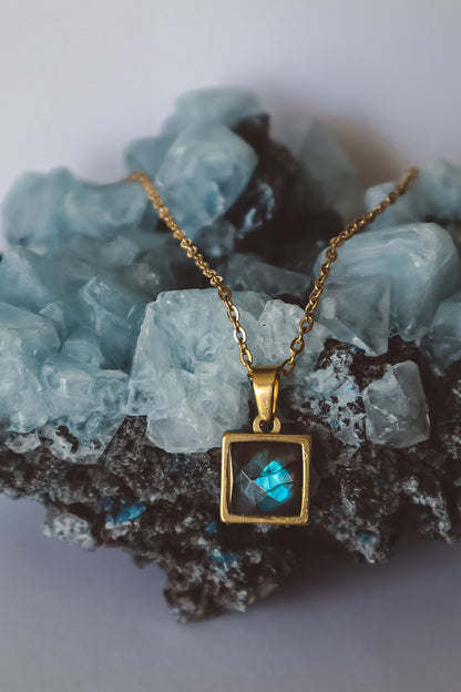 VARG Blue Labradorite Square Pendant Necklace - Gold