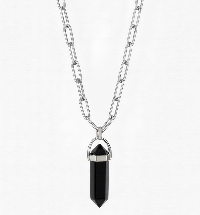 ECLIPSE Black Obsidian Point Paperclip Chain Necklace Silver