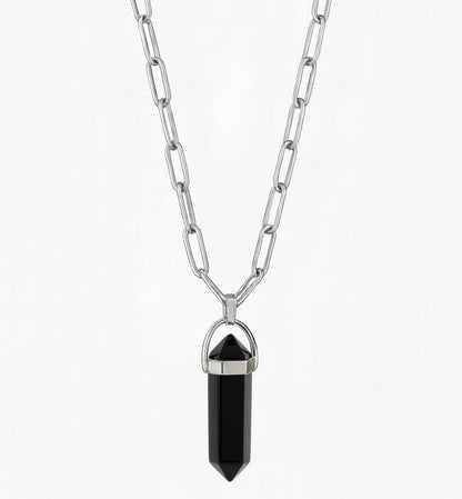 ECLIPSE Black Obsidian Point Paperclip Chain Necklace Silver