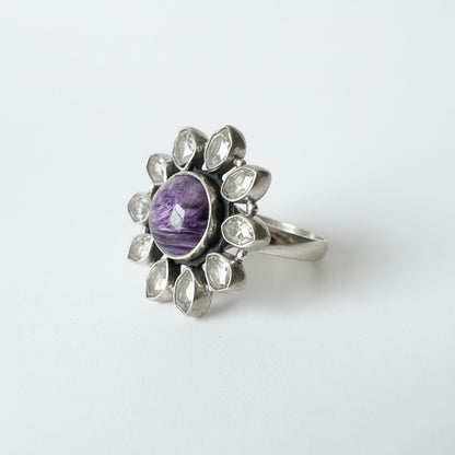 Bague Fleur en Argent avec Charoïte et Diamant Herkimer CELESTIAL BLOOM