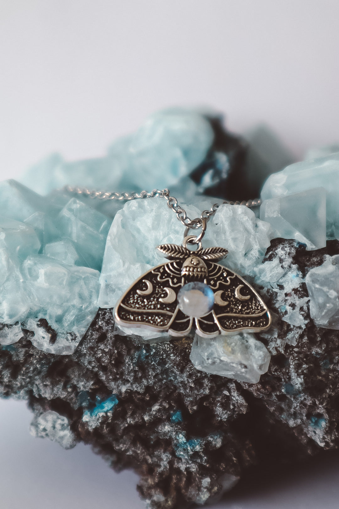 Moon Moth Pendant Necklace - 4 Gemstones - Silver