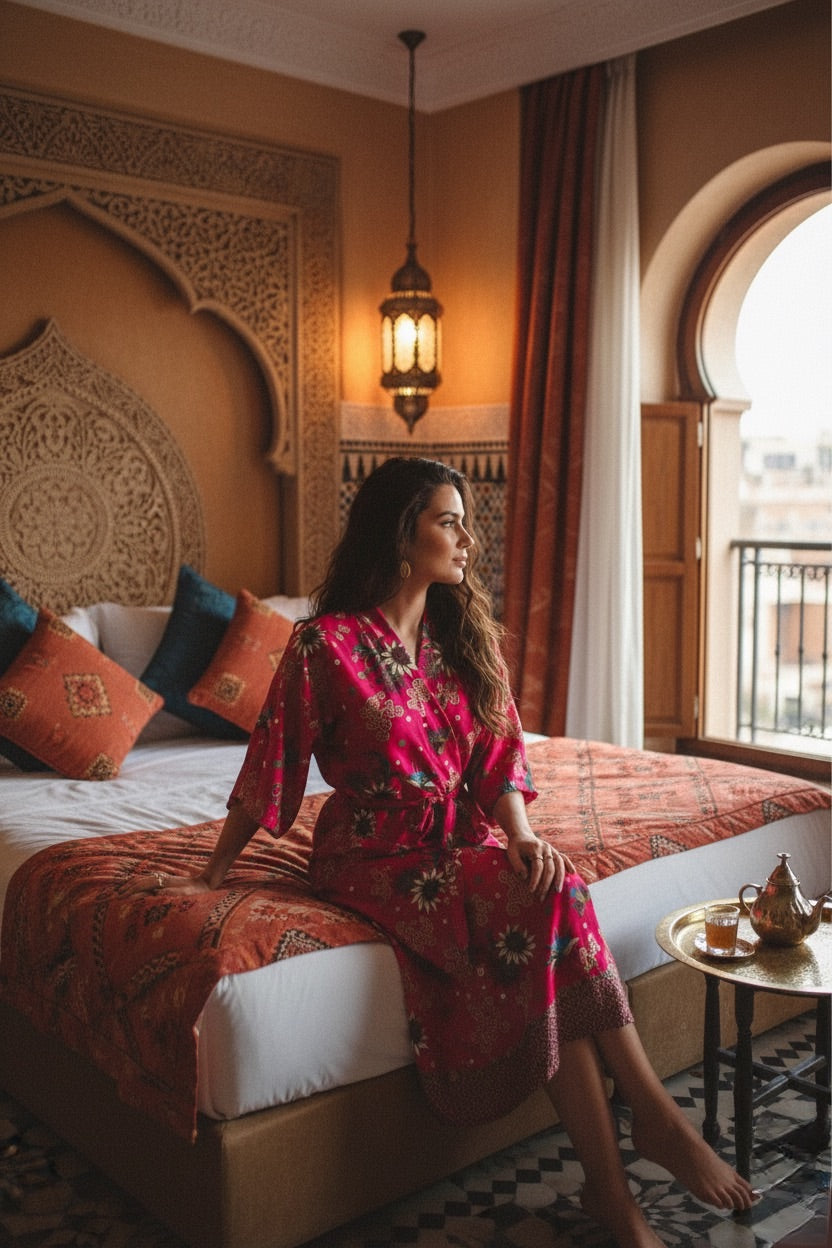 PLUMERIA Pink Floral Silk Kimono Robe