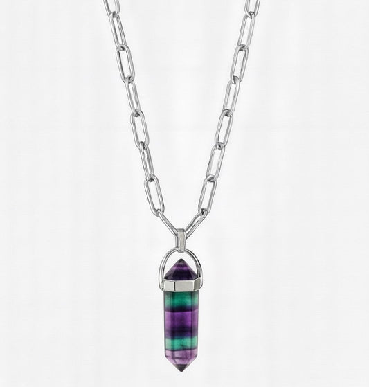 ECLIPSE Rainbow Fluorite Point Paperclip Chain Necklace Silver