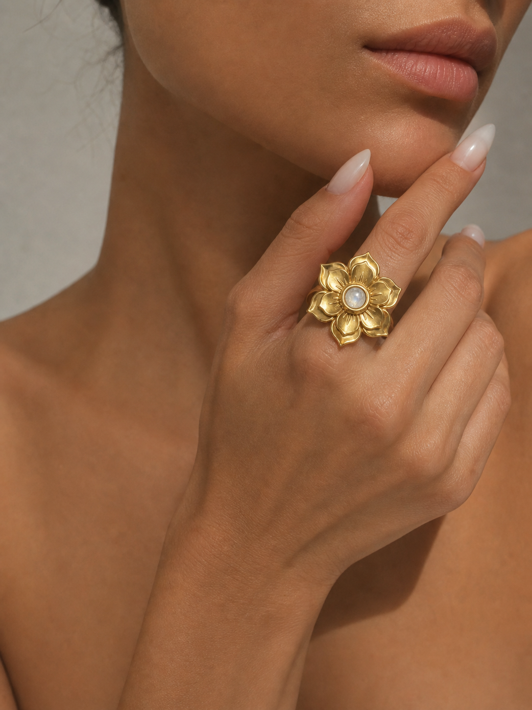 RISE Rainbow Moonstone Lotus Flower Ring Gold